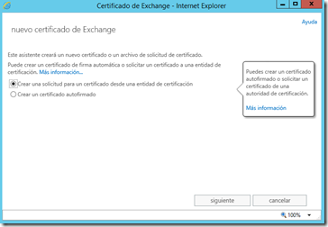 Nueva solicitud de certificado para Exchange 2013