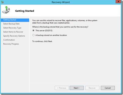 Restaurar una base de datos de Exchange con Windows Server Backup