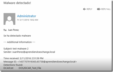Antimalware en Exchange: Malware detectado
